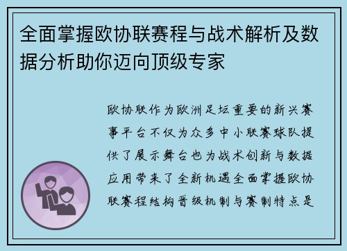 全面掌握欧协联赛程与战术解析及数据分析助你迈向顶级专家 全面掌握欧协联赛程与战术解析及数据分析助你迈向顶级专家