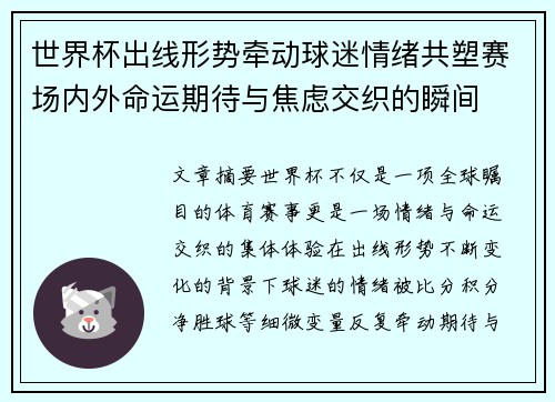 世界杯出线形势牵动球迷情绪共塑赛场内外命运期待与焦虑交织的瞬间
