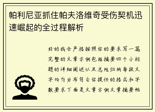 帕利尼亚抓住帕夫洛维奇受伤契机迅速崛起的全过程解析