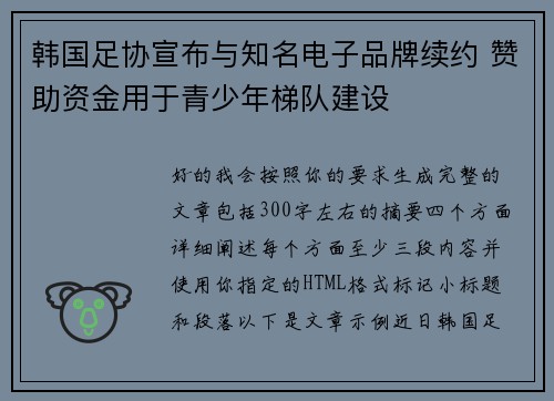 韩国足协宣布与知名电子品牌续约 赞助资金用于青少年梯队建设